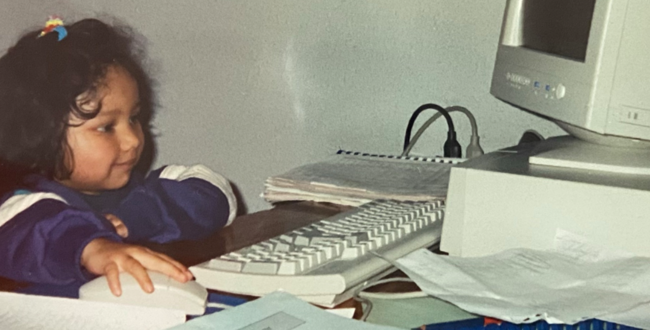 Miroslava at her dad's office, 1997